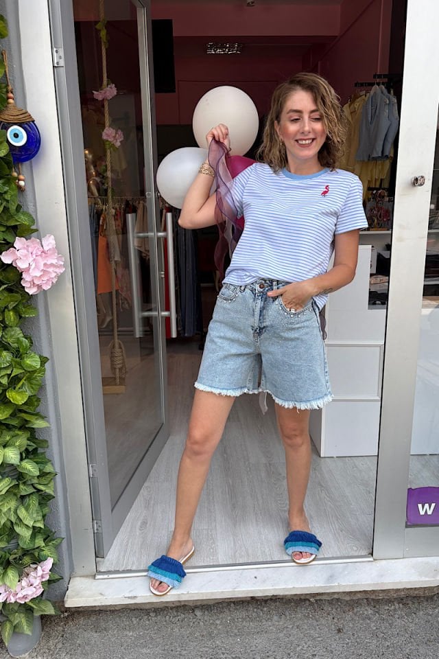 Flamingo Nakışlı Çizgili Tişört-Mavi