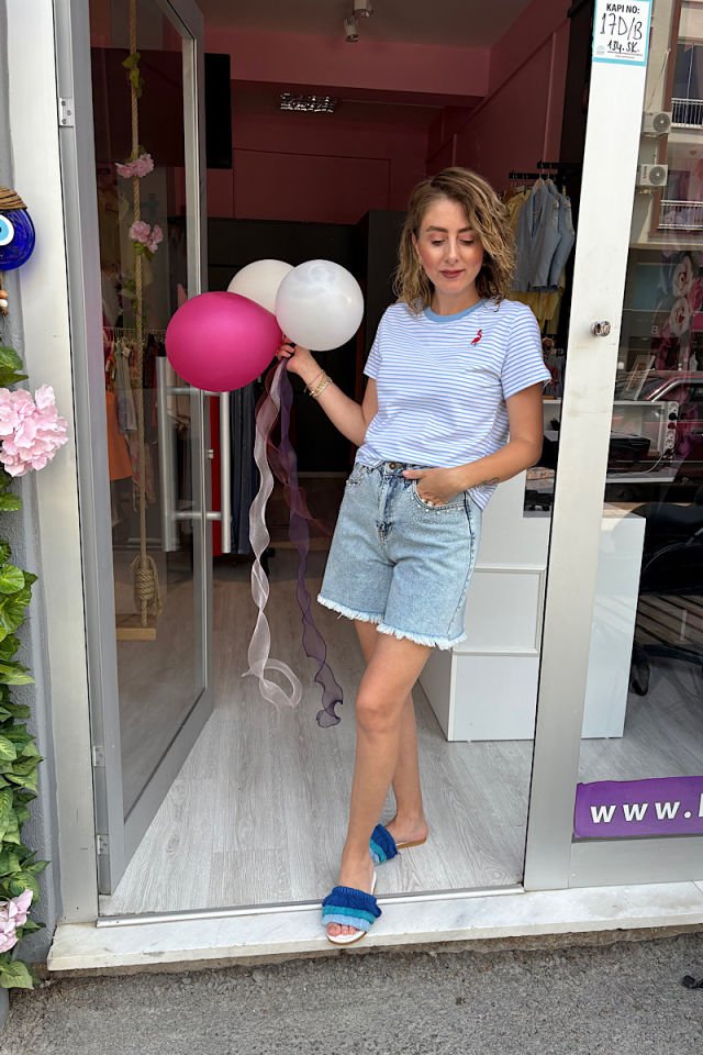 Flamingo Nakışlı Çizgili Tişört-Mavi