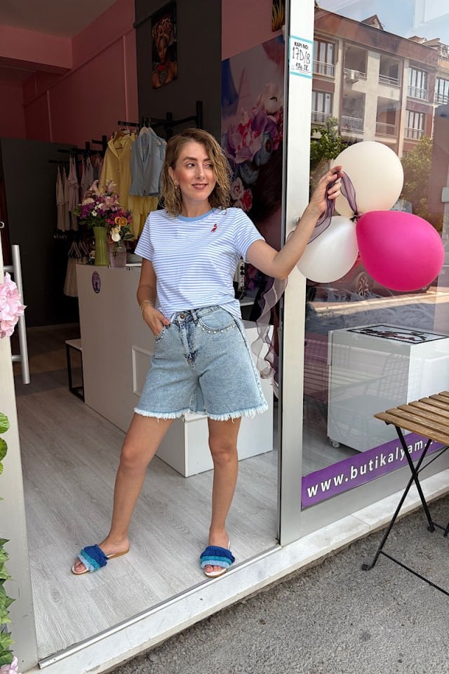 Flamingo Nakışlı Çizgili Tişört-Mavi