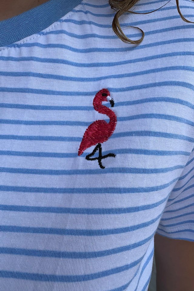 Flamingo Nakışlı Çizgili Tişört-Mavi