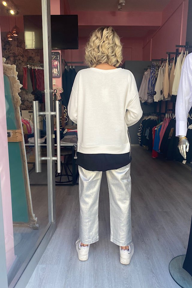 Yanları Zincirli Sweatshirt -Beyaz