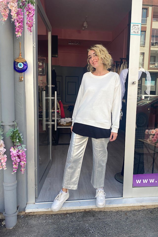 Yanları Zincirli Sweatshirt -Beyaz