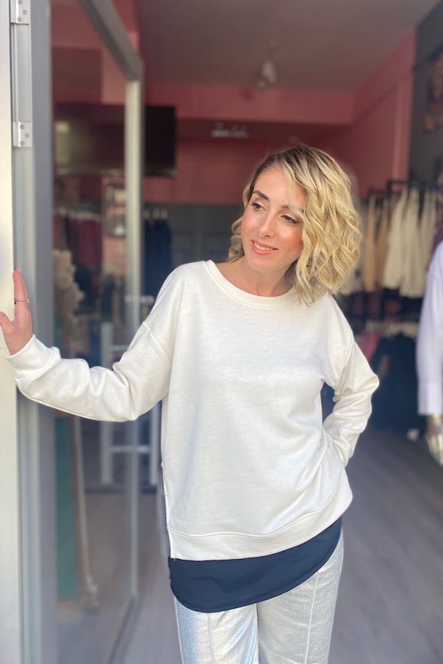 Yanları Zincirli Sweatshirt -Beyaz