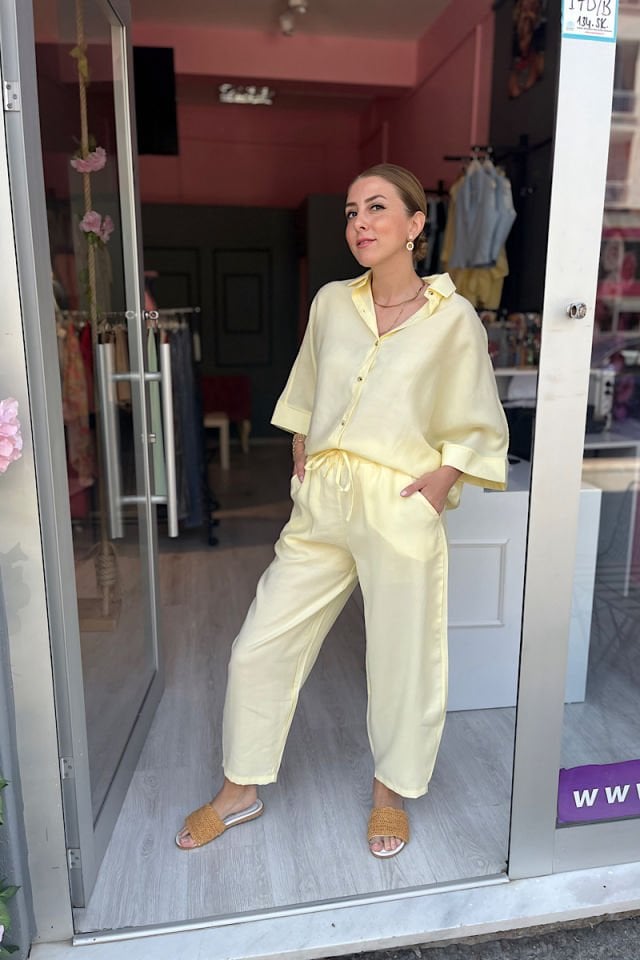 Tensel Kumaş Gömlek-Pantolon Takım -Sarı