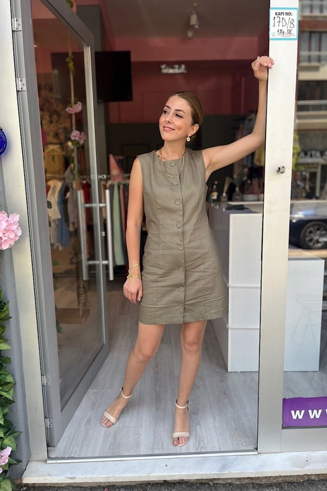 Düğmeli Keten Elbise -Haki