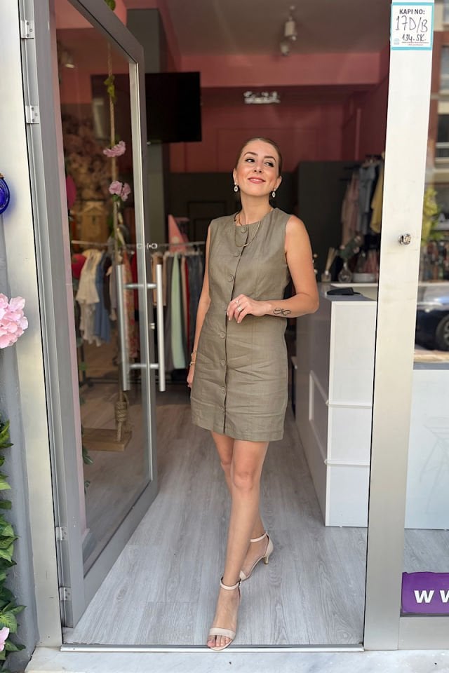 Düğmeli Keten Elbise -Haki