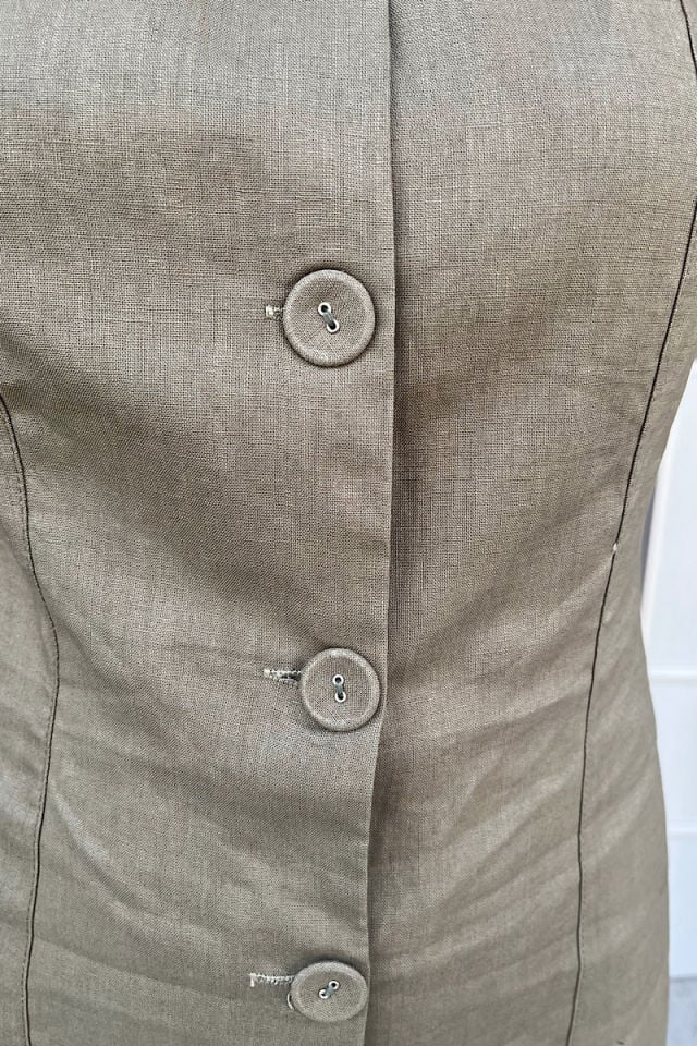 Düğmeli Keten Elbise -Haki