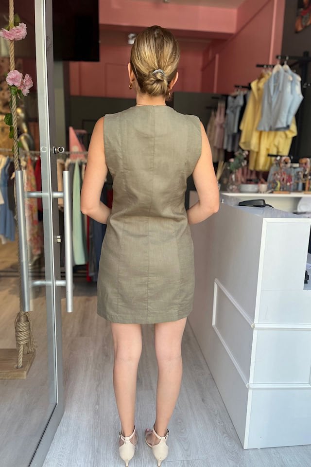 Düğmeli Keten Elbise -Haki