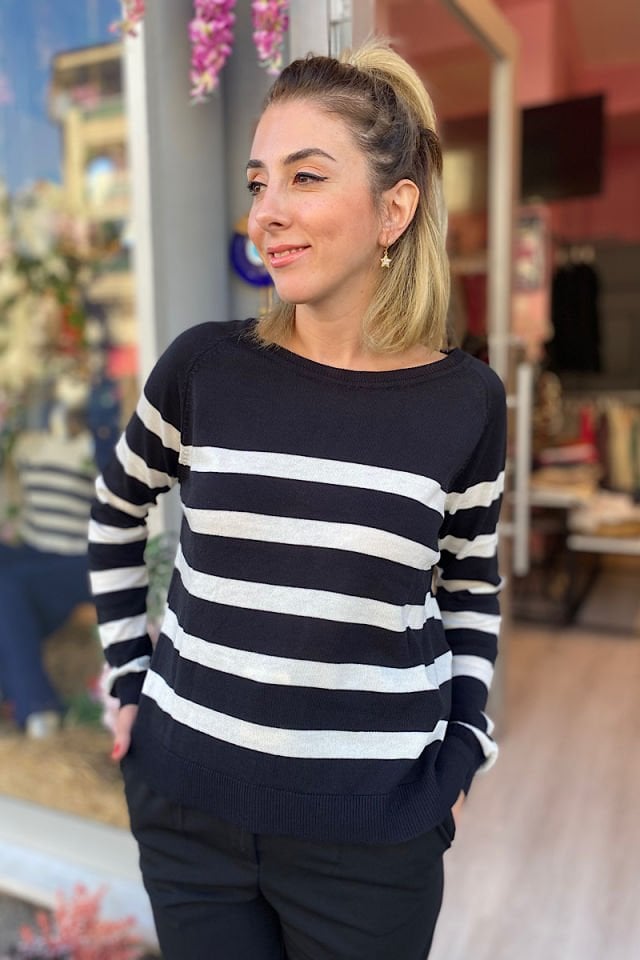 Çizgili Triko -Siyah