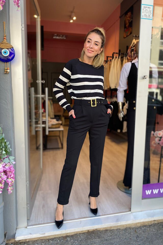 Altın Toka Kemerli Pantolon -Siyah