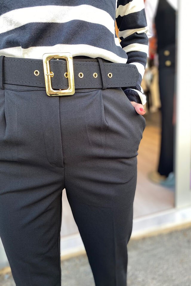 Altın Toka Kemerli Pantolon -Siyah