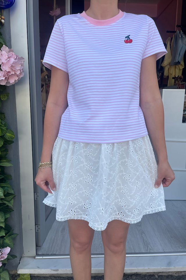 Kiraz Nakışlı Çizgili Tişört-Pembe