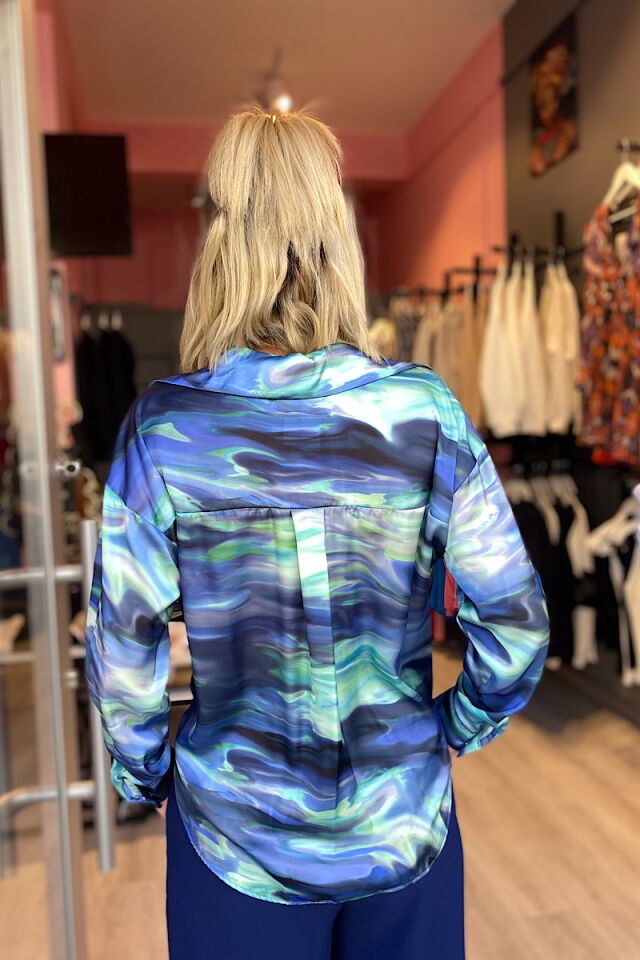 Düğüm Detaylı Renk Geçişli Saten Gömlek-Mavi