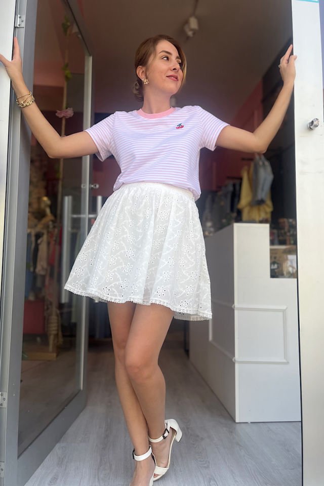 Brode Kumaş İçi Şortlu Etek-Ekru