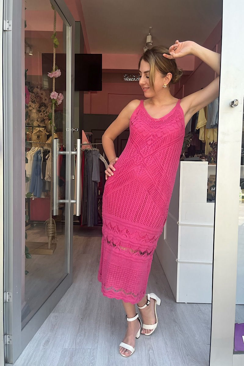 Askılı Örgü Elbise-Fuşya
