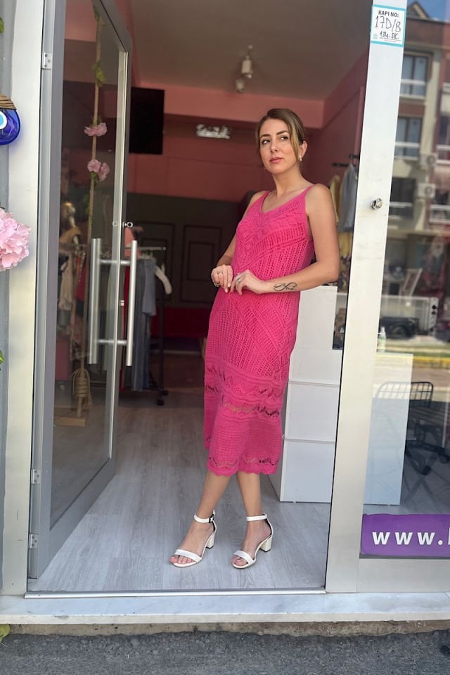 Askılı Örgü Elbise-Fuşya