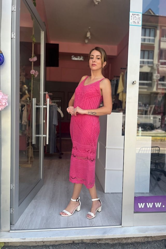 Askılı Örgü Elbise-Fuşya