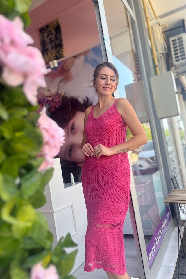 Askılı Örgü Elbise-Fuşya