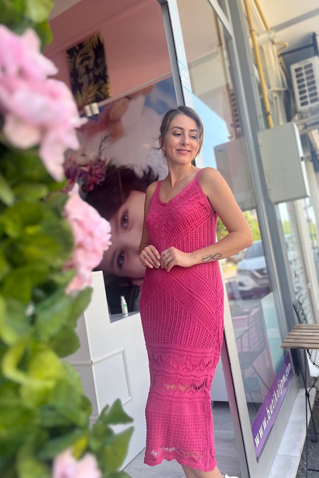 Askılı Örgü Elbise-Fuşya