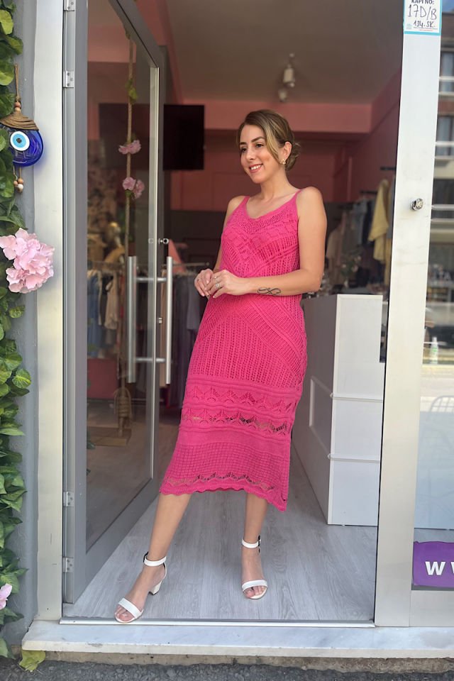 Askılı Örgü Elbise-Fuşya