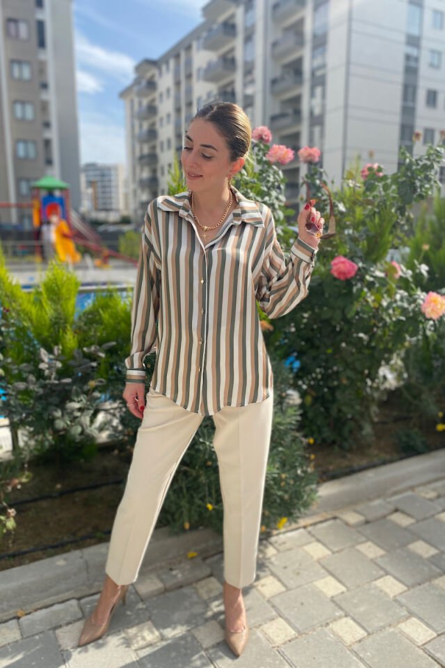 Renkli Çizgili Saten Gömlek-Yeşil Kahve