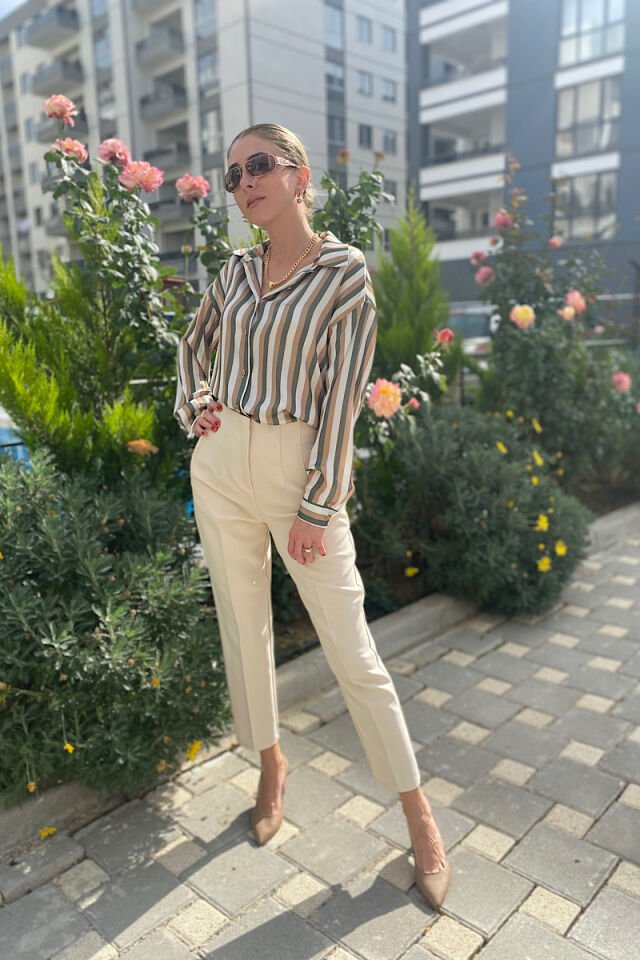 Renkli Çizgili Saten Gömlek-Yeşil Kahve