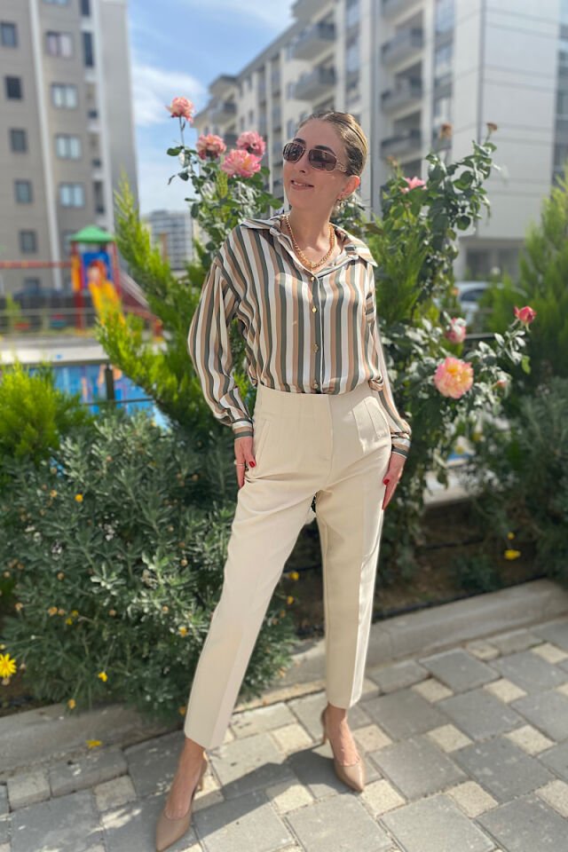 Renkli Çizgili Saten Gömlek-Yeşil Kahve