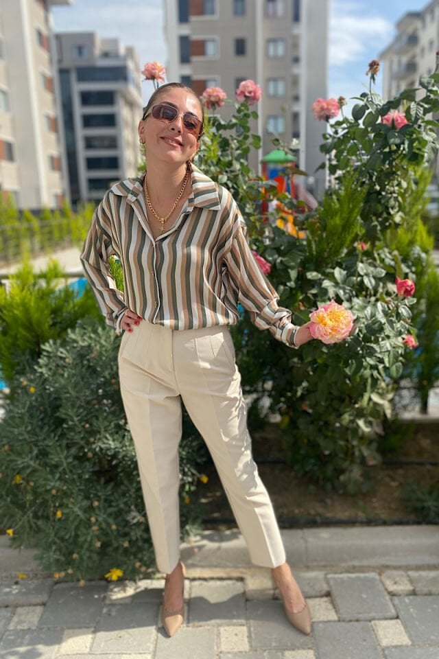 Renkli Çizgili Saten Gömlek-Yeşil Kahve