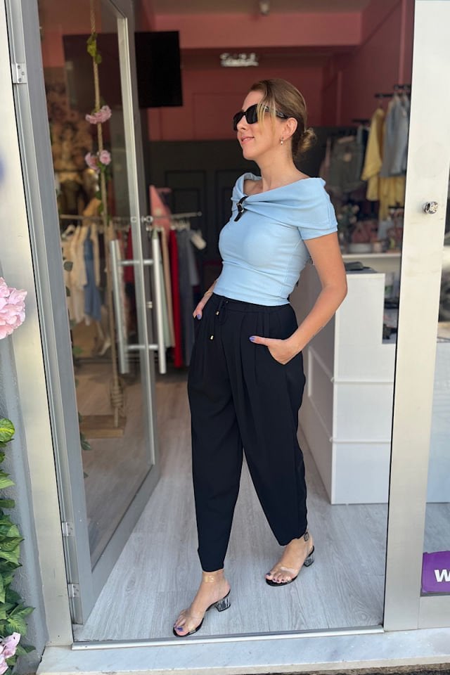 Piliseli Şalvar Pantolon-Siyah